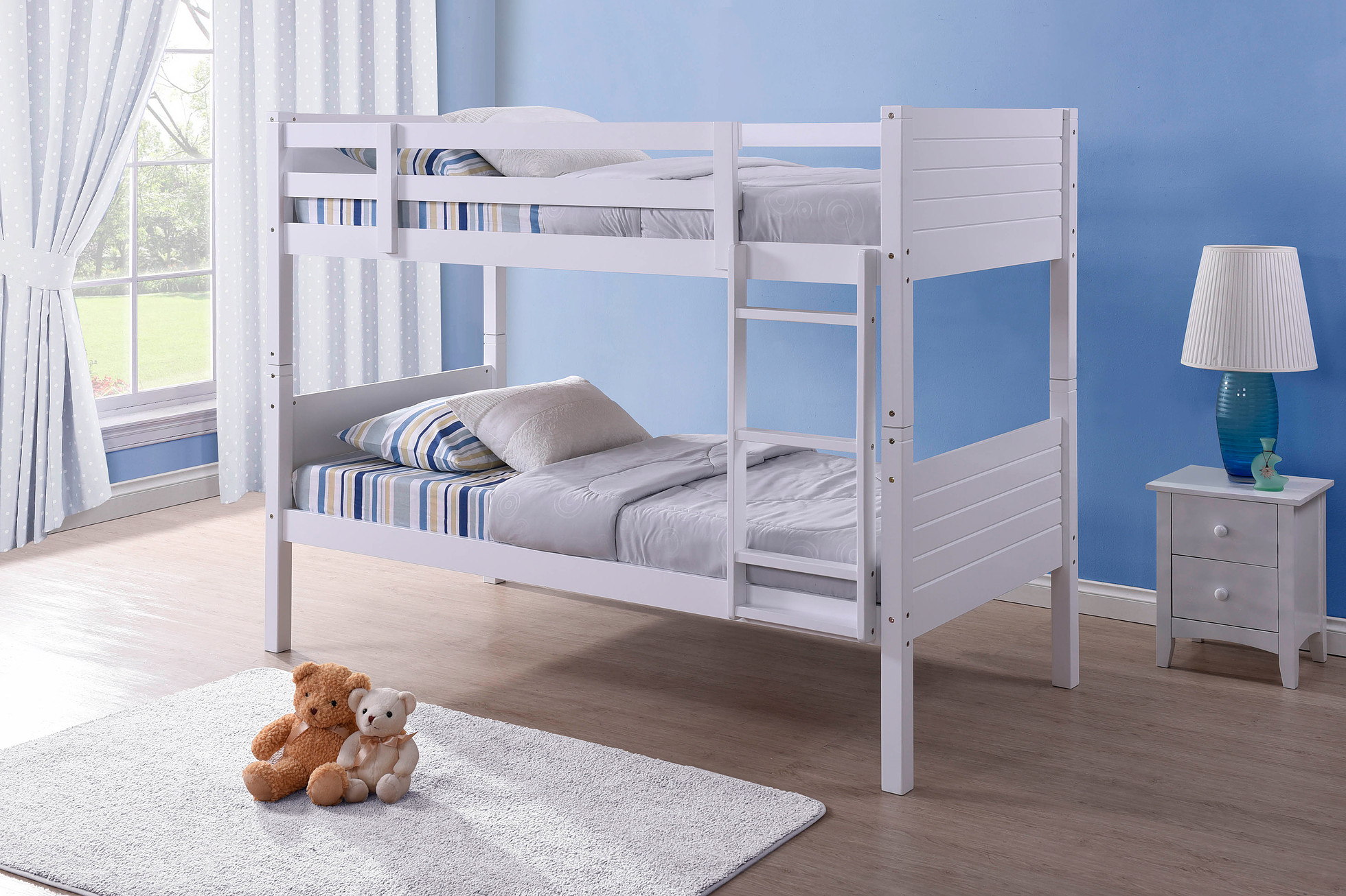 white wood bunk beds with mattresses